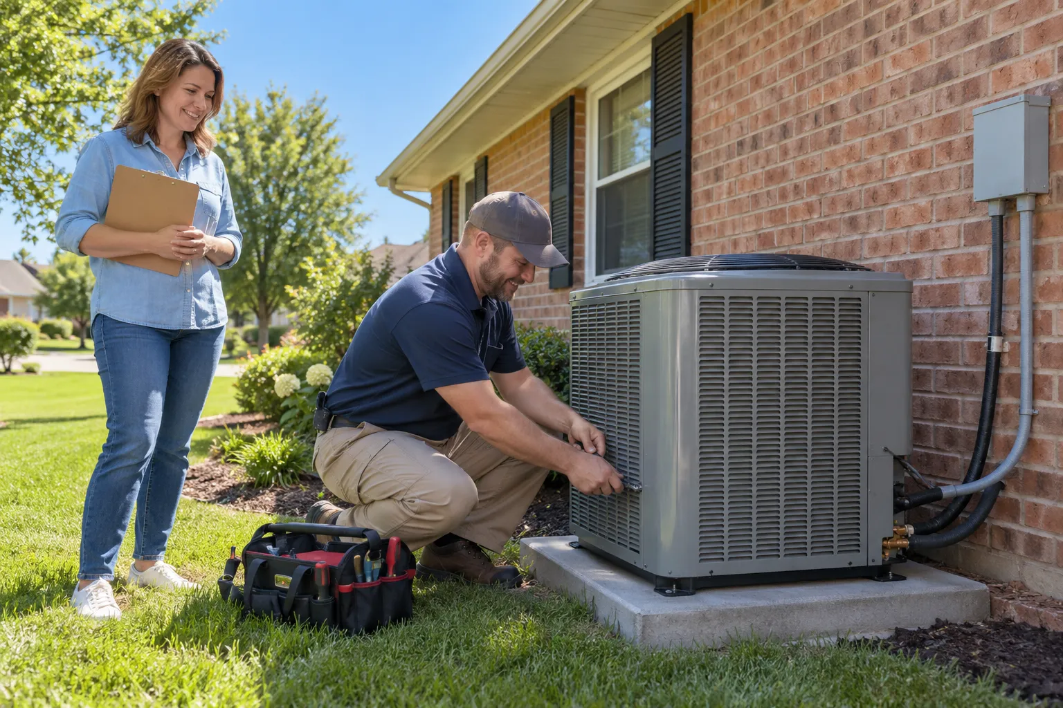 A local provider setting up a new outdoor AC unit beside a ranch-style home in the Arlington area