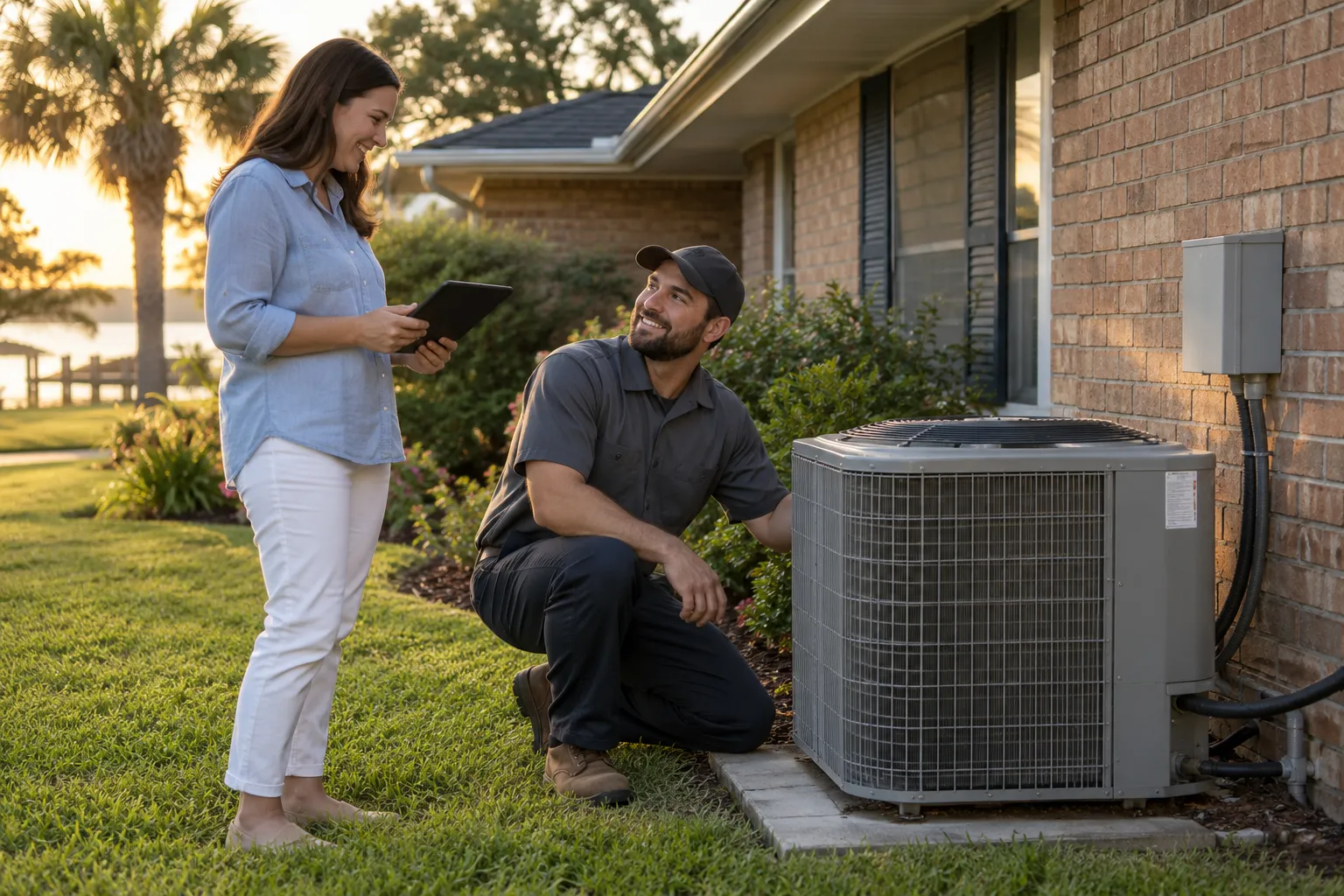Friendly independent HVAC provider checking an outdoor AC unit beside a brick ranch home in the Arlington area while a homeowner looks on