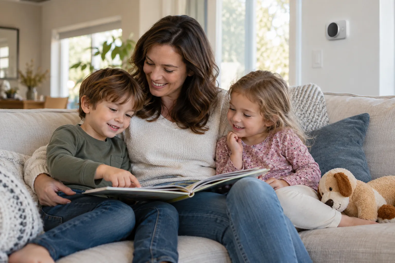 A family relaxing in a cool living room in the Arlington area