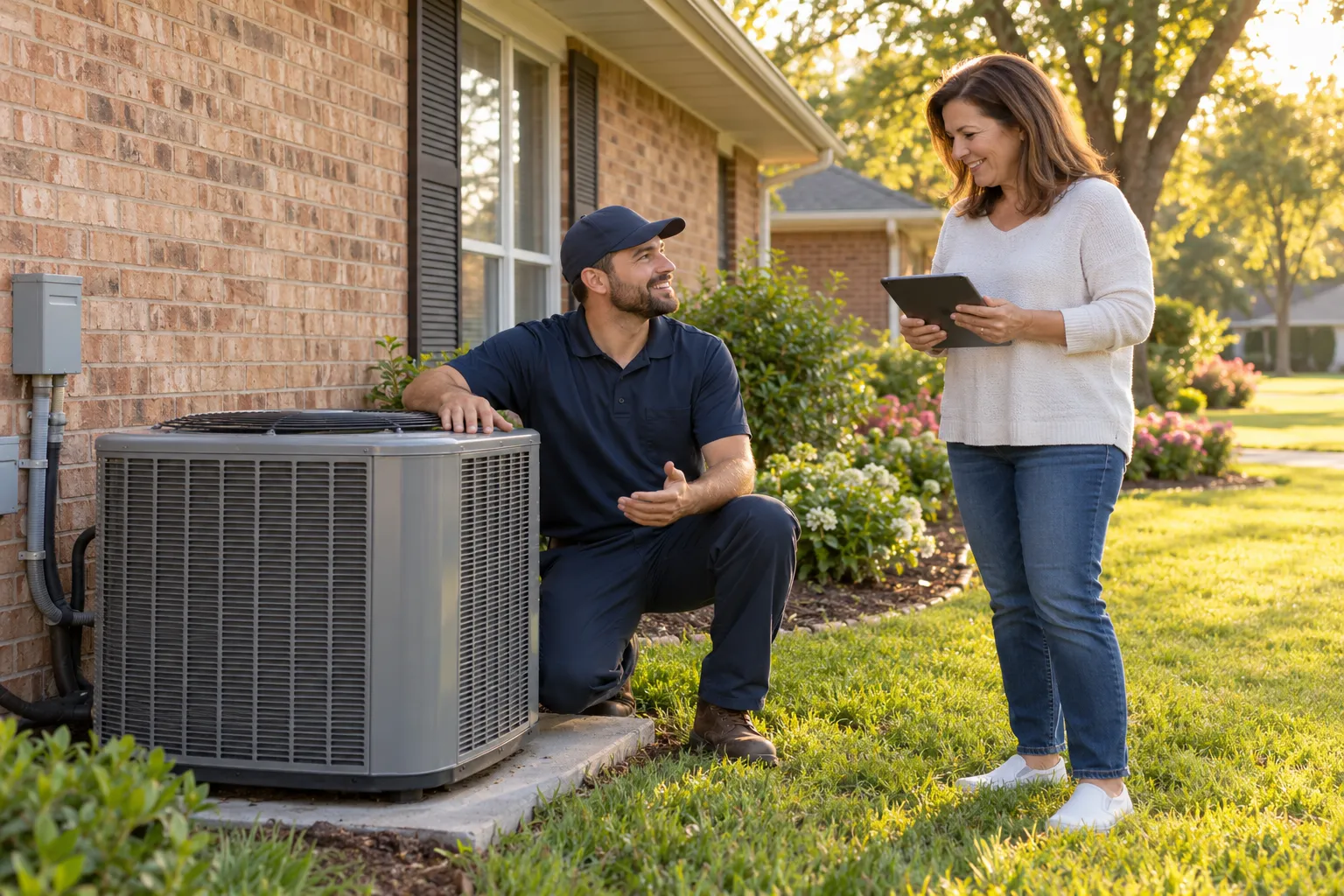 A homeowner talking with an HVAC provider beside an outdoor AC unit in Arlington